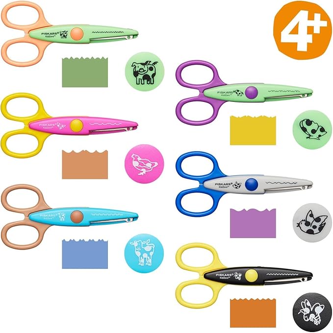 Fiskars Children's Decor Scissors, 6 Pieces, Incl. Storage Bag, Length: 13 cm, for Right- and Left-Handed Users, from 4 Years, Stainless Steel Blade/Plastic Handles, Multi-Coloured, Kidzors, 1003730
