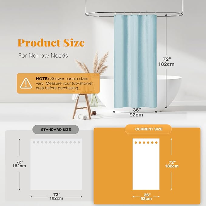 BTTN Stall Fabric Shower Curtain - 36x72 Inch Narrow Linen Textured Heavy Duty Shower Curtain Set with 6 Plastic Hooks, Half Neutral Minimalist Waterproof Modern Shower Curtains for Bathroom, Fog Blue