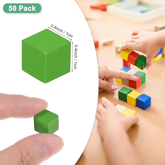 50-Pack DIY Wooden Cube, 0.4 Inch(1 Cm) Colored Natural Wood Blocks for Crafts Making Puzzle Games/Wedding/Home Decor/Dice/Building, Square Blank Block [Green]
