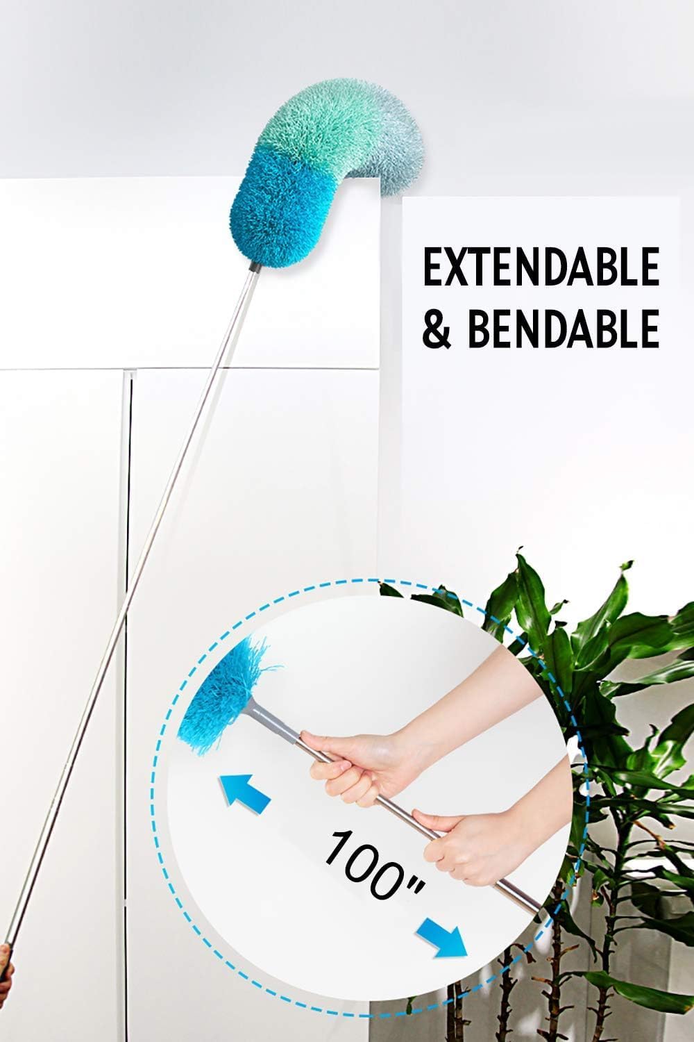 BOOMJOY Microfiber Feather Duster with 100 inches Extension Pole, Dusters for Cleaning High Ceiling, Fan, Blinds, Furniture