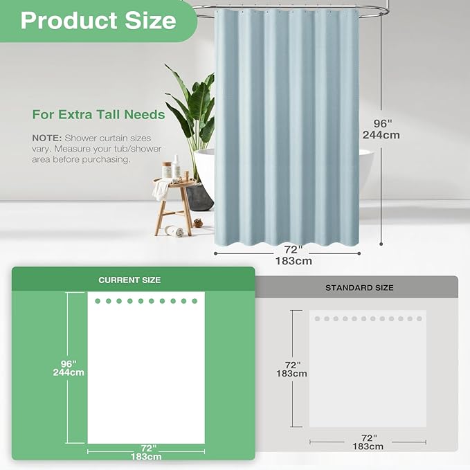 Dynamene Extra Long Shower Curtain - 96 Inch Long Waffle Weave Weighted Thick Cloth Bathroom Shower Curtain, Neutral Heavy Duty Hotel Bath Curtain Set with 12 Plastic Hooks,72x96, Fog Blue