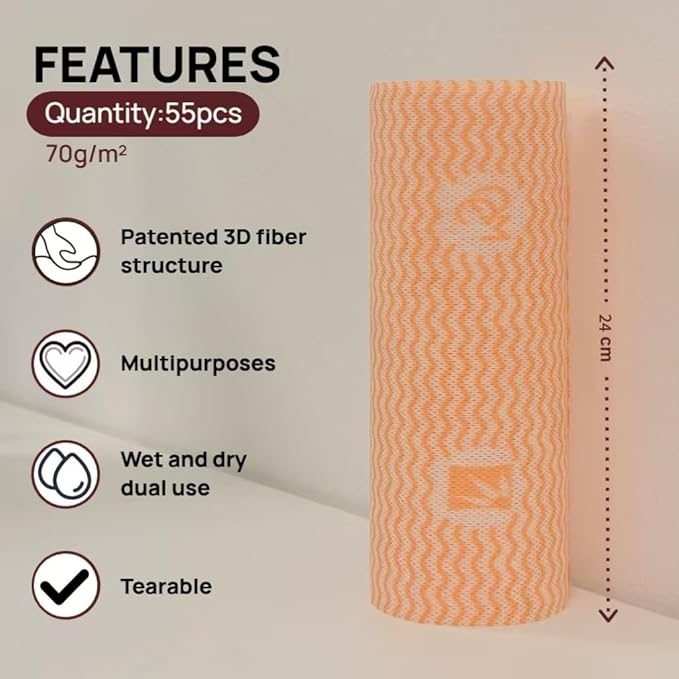 Lazy Cleaning Cloths, Disposable Microfiber Cloths, Reusable Dish Rags, Dry/Wet Use for Dishware, Countertops, Stove, Camping, RVs, Tearable Roll Design (55 Sheets, 9.45"x11.81",Orange)
