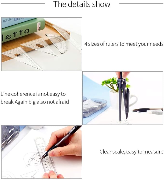 Math Geometry Kit Set 8 Pieces Student Supplies with Shatterproof Storage Box,Includes Rulers,Protractor,Compass,Pencil Lead Refills,Pencil,Eraser.for Students and Engineering Drawings