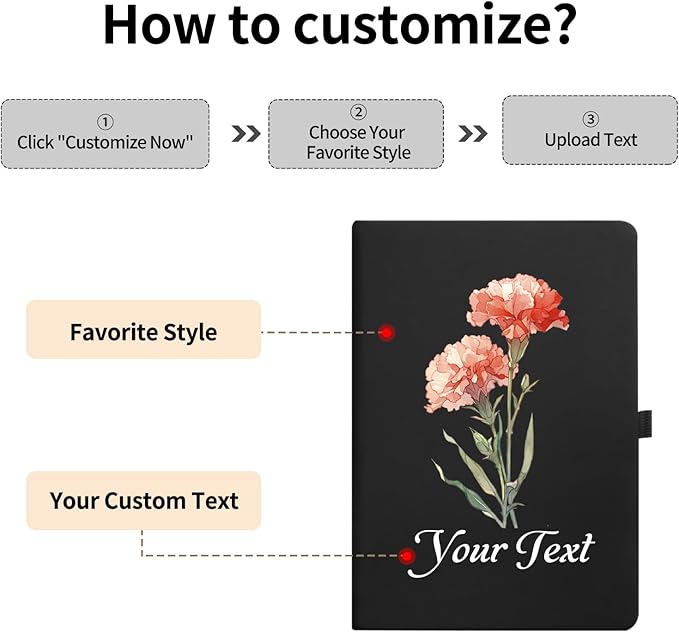 Personalized Journal Notebook with Colorful Birth Flower, Your Name/Text - A6/A5 192 Lined Pages Customizable Notebooks for Work School Business Church Gift for Birthday Graduation
