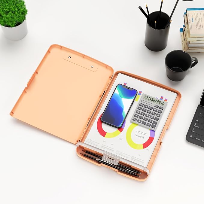 Hongri Clipboard with Storage with Pen Holder, Folder Nursing Clip Board 8.5 x 11 Foilo-Side Opening, High Capacity, Light Weight for Teachers, Classroom. Size 14 x 9.6 x 1.2 in(Light Orange)