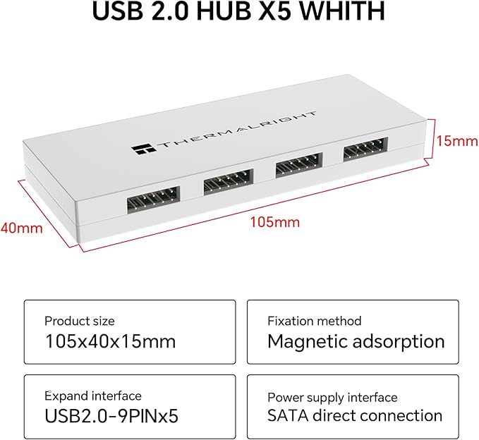 Thermalright Interal USB 2.0 Hub X5, SATA Powered, Magnetic Mount, 9-Pin USB Expansion for PC Motherboard (White)