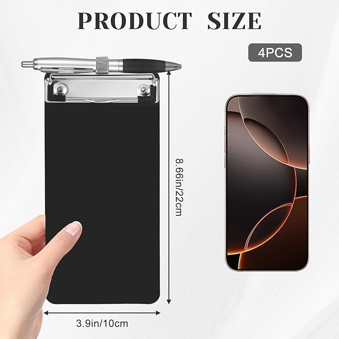 4 Pack Small Clipboards with Pen Holder 4X 8.66inch, Plastic Receipt Size Black Clipboard, Mini Clipboard with Retaining Clips, Narrow Memo Size Notepads for Tickets Home Restaurants Office School