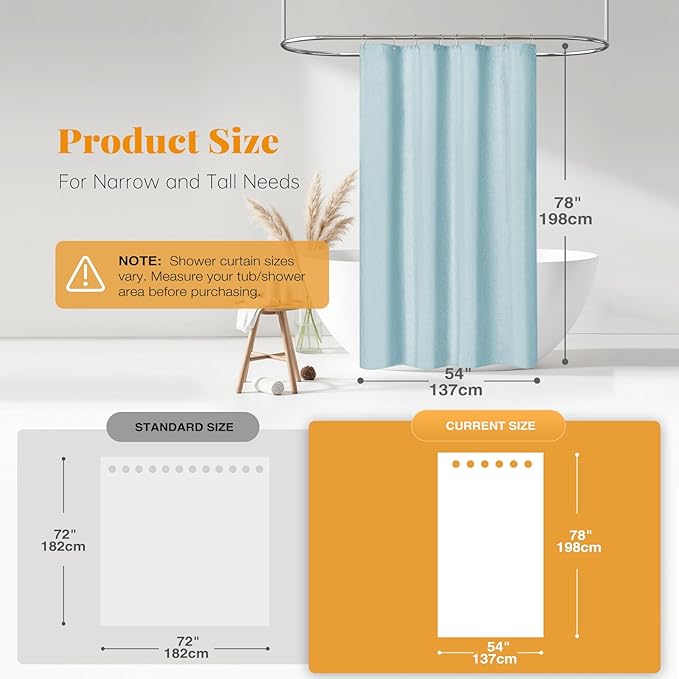 BTTN Stall Fabric Shower Curtain - 54x78 Inch Long Linen Textured Heavy Duty Shower Curtain Set with 10 Plastic Hooks, Narrow Neutral Outdoor Weighted Waterproof Shower Curtains for Bathroom, Fog Blue