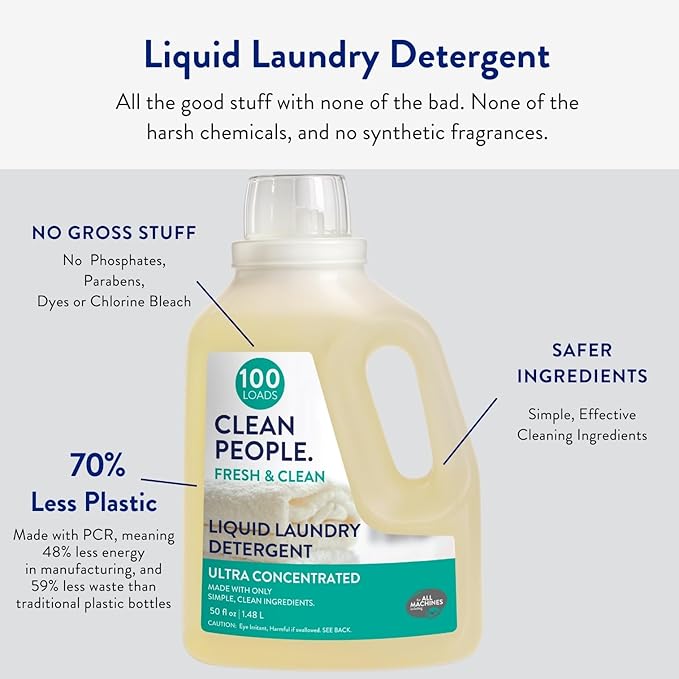 The Clean People Liquid Laundry Detergent - Recyclable Packaging, Stain Fighting - Ultra Concentrated, Laundry Soap - Fresh Scent, 200 Loads