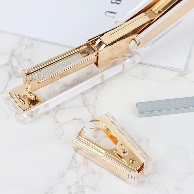 1 Pack Gold Staple Remover Clear Acrylic Golden Glitter Metal Jaws Staples Puller Removal Tool for Home Office School Supplies Desktop Accessories (1)