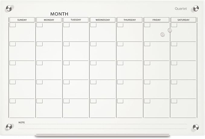 Quartet Magnetic Whiteboard Calendar, 36"' x 24", Glass Dry Erase White Board Planner for Homeschool Supplies & Home Office Organization, 2 Magnets, 1 Dry Erase Marker, Frameless Infinity (GC3624F)