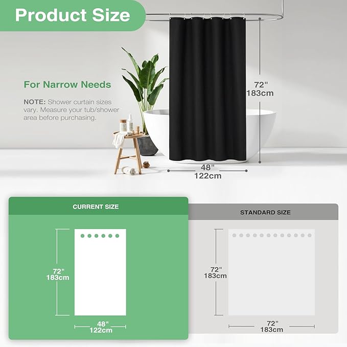 Dynamene Stall Fabric Shower Curtain - 48 inch Wide Waffle Weave Weighted Thick Cloth Shower Curtains for Bathroom, Neutral Heavy Duty Hotel Spa Luxury Bath Curtain Set with 8 Hooks, 48x72, Black