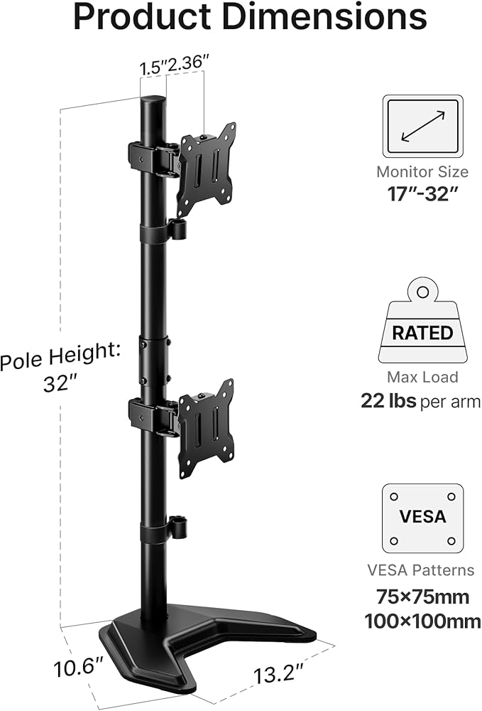monTEK Stable Stacked Dual Monitor Stand, Heavy-Duty Vertical Monitor Mount for 17-32 inch Screen, Full Motion Arm with Tilt, Swivel, Rotation, Up to 22 lbs per Arm, Solid V-Shaped Base, VESA 100×100