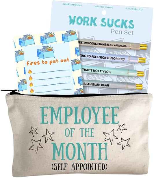 Moonlight Makers Funny Office Supplies Gift Set - Work Sucks Pen Set, Fires To Put Out Notepad, Employee Of The Month Zipper Pouch - Cute Stationery Sets for Women, Funny Gifts for Friends & Coworkers