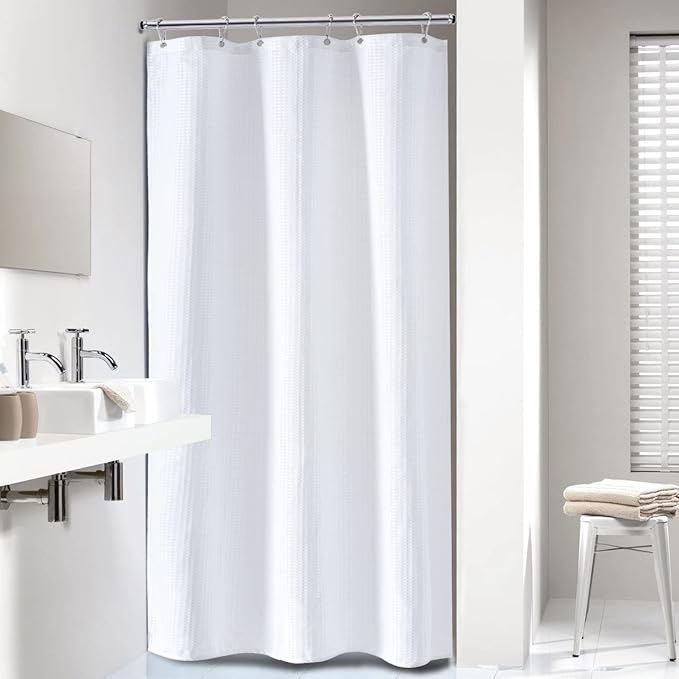 Dynamene Stall Fabric Shower Curtain - Waffle Weave 36 Inches Small Half Size Heavy Duty Cloth Shower Curtains for Bathroom, 256GSM Narrow Hotel Bath Curtain Set with 6 Plastic Hooks(36Wx72H, White)