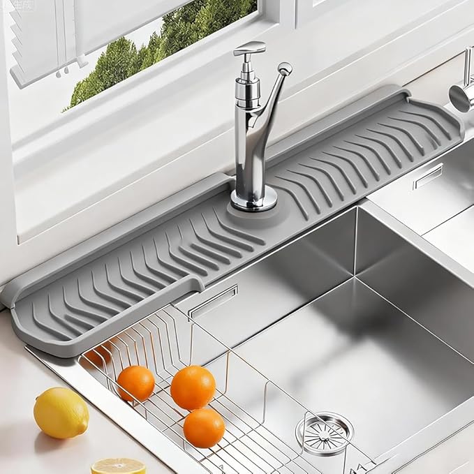 Kitchen Sink Faucet Mat, 2025 New Foldable Faucet Mat for Kitchen Sink, 30in Silicone Faucet Guard & Draining Mat Keep Countertops Dry Splash Guard (White, 30in)