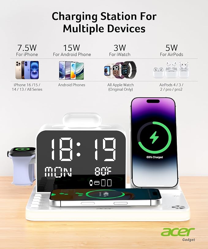 Acer 7-in-1 Wireless Charging Station with LED Clock - 30W Fast Wireless Charger for iPhone 16/15/14/13/12/Pro Max, Apple Watch, AirPods - Bluetooth Auto Time Sync & Night Lights (White)