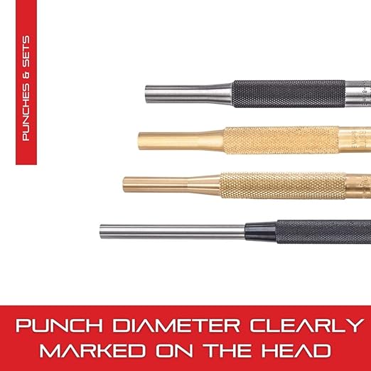 Starrett Drive Pin Punch with Knurled Grip for Driving Pins Into or Out of a Workpiece - Hardened and Tempered Steel, 4" Length, 1/8" Diameter - 565C, Brass Material, Loaded Style