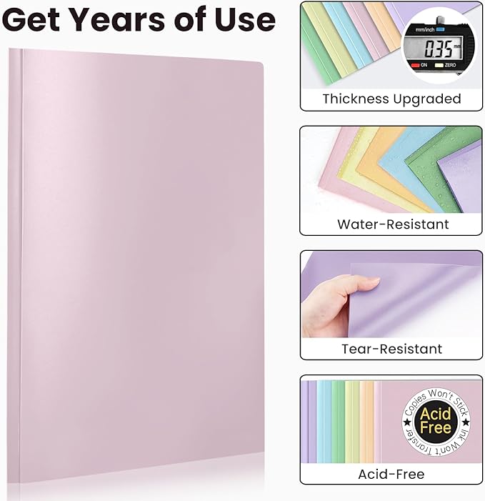 Sooez 6 Pack Plastic Folders with Pockets and Prongs, 3 Prong Folders with Pockets and Writable Label, Heavy Duty 2 Pocket Folder with Brads, Letter Size Prong Folder for School Office, Pastels Color