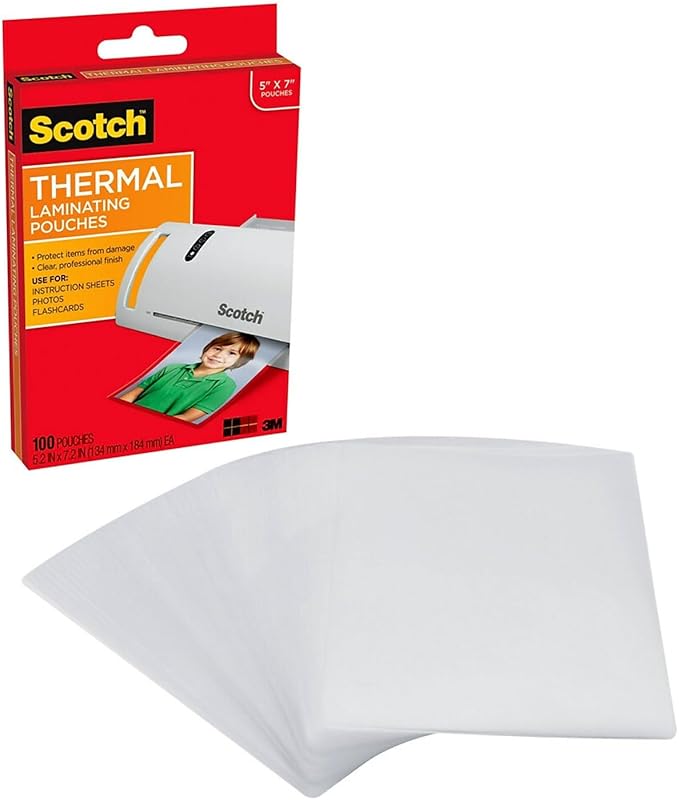 Scotch Thermal Laminating Pouches 5x7-inch, 5 Mil., Clear 100/PK