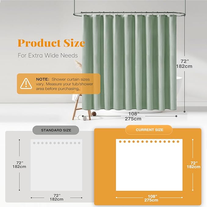 BTTN Extra Wide Shower Curtain - 108x72 Inch Linen Textured Waterproof Fabric Shower Curtain Set with 18 Plastic Hooks, Large Modern Decorative Shower Curtains for Bathroom and Bathtub - SageGreen