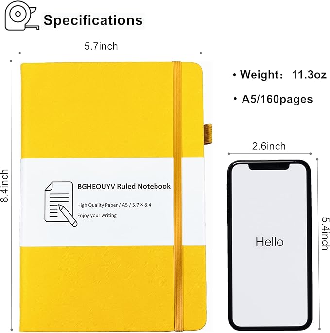 Notebook Journal, College Ruled Notebook Lined A5 160 Pages,Hard Cover Journals for Writing, Notebooks for Work Office School Women Men,5.7 inches x 8.4 inches(Yellow)