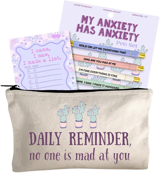Moonlight Makers Funny Office Supplies Gift Set - Anxiety Pen Set, I Made A List Notepad, No One Is Mad At You Zipper Pouch - Cute Stationery Sets for Women, Funny Gifts for Friends and Coworkers