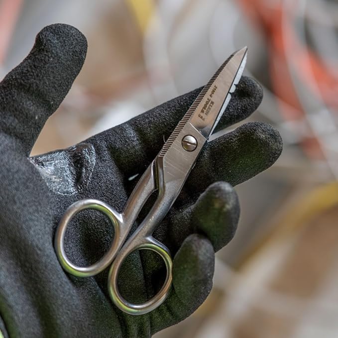 Klein Tools 2100-9 Stainless Steel Electrician Scissors, Made in USA, 5.25-Inch Free-Fall Handle Snips, Stripping Notches, Non-Slip Serrated Blade