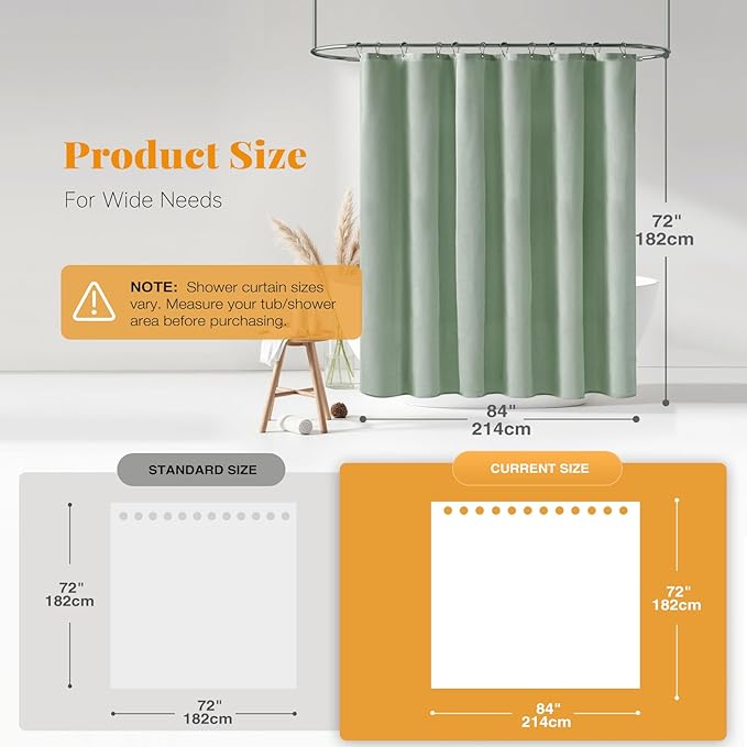 BTTN 84 Inch Wide Shower Curtain - W84xH72 Linen Textured Heavy Duty Fabric Shower Curtain Set with 14 Plastic Hooks, Large Hotel Simple Waterproof Polyester Bath Curtains for Bathroom - Sage Green
