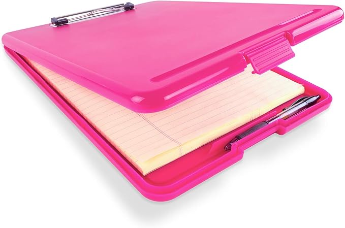 Clipboard with Storage Slim Folding for Nursing, Teachers, Coaches & Office, Plastic Heavy Duty with Pen Holder (9.5” x 13.5”) (Pink)