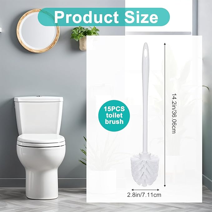 15 Pcs White Toilet Brush Bulk,Commercial Heavy Duty Bowl Cleaner Brush Soft Bristle Long Handle with Hook Hole Plastic Toilet Scrubber for Bathroom(14.2 Inch)