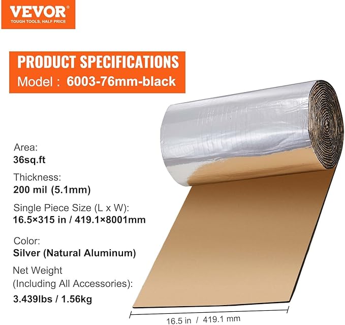 VEVOR Noise Grabber Mass Barrier, 16.5x315 in (36sq.ft) Roll of Soundproofing Mat, 200mil Thick Mass-Loaded High Density Aluminum Foil Foam Surface, Double Layer Structure Acoustic Insulation Sheet