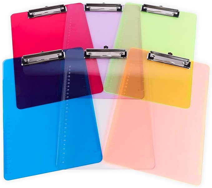 Super Z Outlet Slim Plastic Transparent Thin Lightweight Colorful Fun Clipboard with Ruler Measurements, Hanging Hook for Portable Classroom Children Teacher College Size (9" x 12.5") (6 Pack)