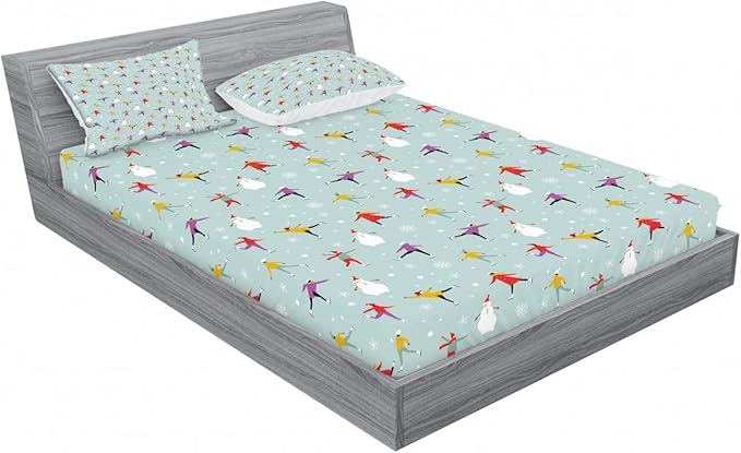 Ambesonne Ice Skates 2 Pack Fitted Sheet & Pillow Sham Set, Colorful Human on Ice, 4 Pcs Bedding Decor, Package Contains 2 Queen Size Fitted Sheets & 4 Pillow Covers, Pale Seafoam Multicolor