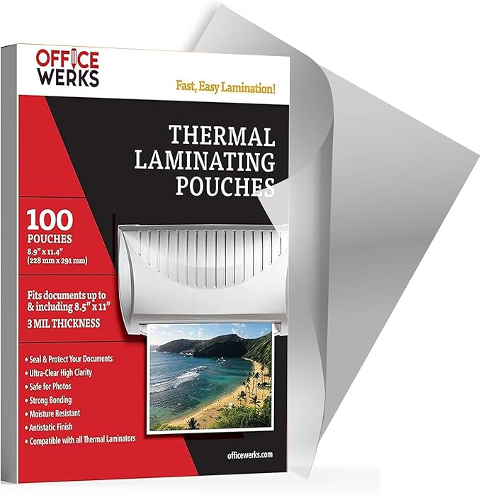 Office Werks 100 Pack of Thermal Laminating Pouches, 8.9" x 11.4", Letter Size Sheets, 3 Mil Thickness, Compatible with All Thermal Laminators, Crystal Clear Finish, Fast and Easy Lamination