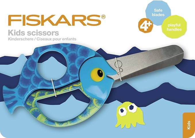 Fiskars Children's Animal Scissors with Fish Motif, From 4 years, length: 13 cm, For right and left handers, Stainless steel blade/plastic handles, Blue, 1003746