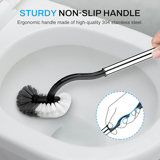 SetSail Toilet Brush and Holder Set, Compact Size Curved Toilet Bowl Brush for Bathroom Deep Cleaning with Stainless Steel Handle Toilet Cleaner Brush, Black-2p