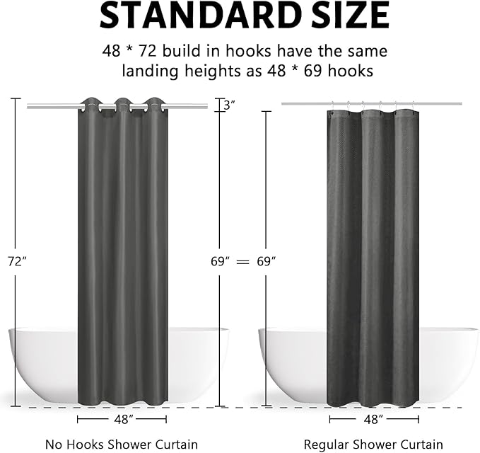Furlinic No Hook Stall Shower Curtain or Liner,48" Wide Small Narrow Polyester Fabric Bathroom Curtains with 6 Split Plastic Grommets,Waterproof & Machine Washable,Dark Grey,48x72 Inch