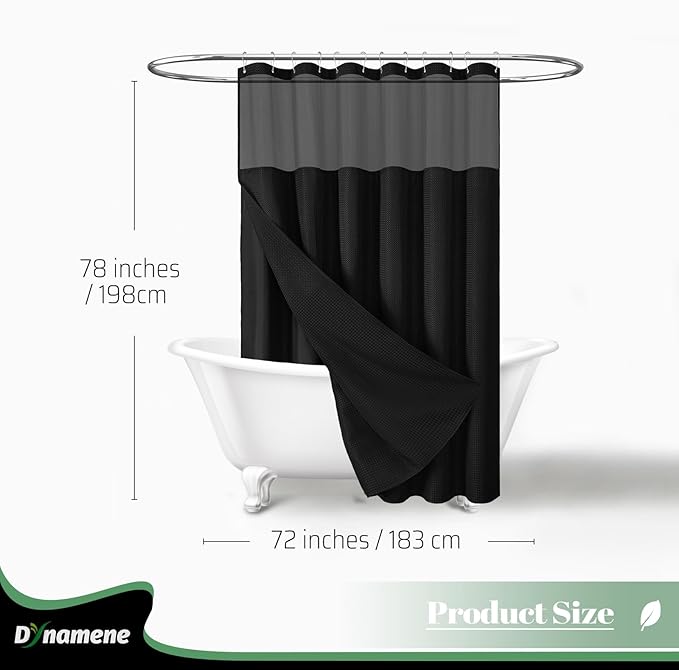 Dynamene 78 Inch Long Shower Curtain, Tall Waffle Fabric Shower Curtains for Bathroom, Hotel Waterproof Cloth Shower Curtain Liner Set with Hooks, Snap in Liner, Mesh Top Window, Black, 72x78