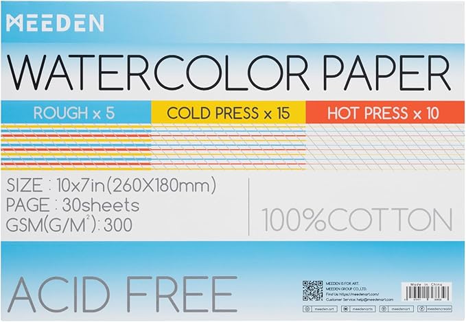 MEEDEN Watercolor Paper Block - 3 Textures 100% Cotton Watercolor Paper Pad of 30 Sheets, 140lb/300gsm, Acid-Free Art Paper for Watercolor, Gouache, Ink and More, 10" x 7"