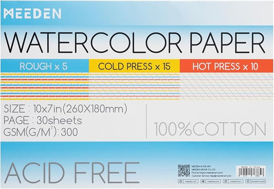 MEEDEN Watercolor Paper Block - 3 Textures 100% Cotton Watercolor Paper Pad of 30 Sheets, 140lb/300gsm, Acid-Free Art Paper for Watercolor, Gouache, Ink and More, 10" x 7"