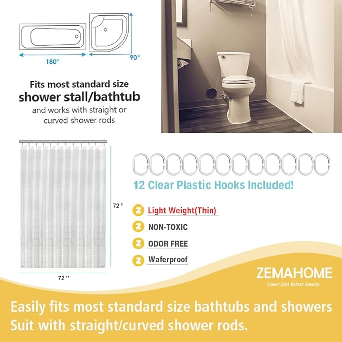 Thin 3D EVA Shower Curtain Liner Geometric, 72x72 Premium Light Weight Clear Plastic Bathroom Shower Curtain with Rustproof Metal Grommets 3 Magnets for Shower Stall, Bathtubs