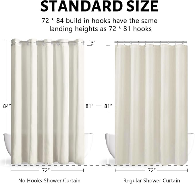 Furlinic No Hook Extra Long Shower Curtain 84 Length,Soft Fabric Bathroom Curtain with 10 Plastic Split Grommets,Waterproof & Machine Washable,Modern Hotel Style,Beige,72x84 Inch