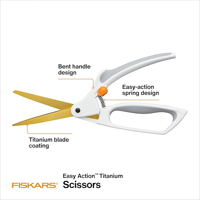 Fiskars Easy Action Titanium Scissors, Spring-Assisted Craft Scissors for Paper and Cardboard, Bent Handle Reduces Hand Fatigue, 8 Inch, White/Yellow