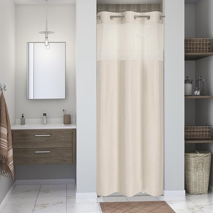 Stall No Hooks Needed Linen Textured Shower Curtain with Snap-in Fabric Liner Set,Hotel Luxury Decor Shower Curtains for Bathroom,Waterproof & Washable,48Wx74H,Cream