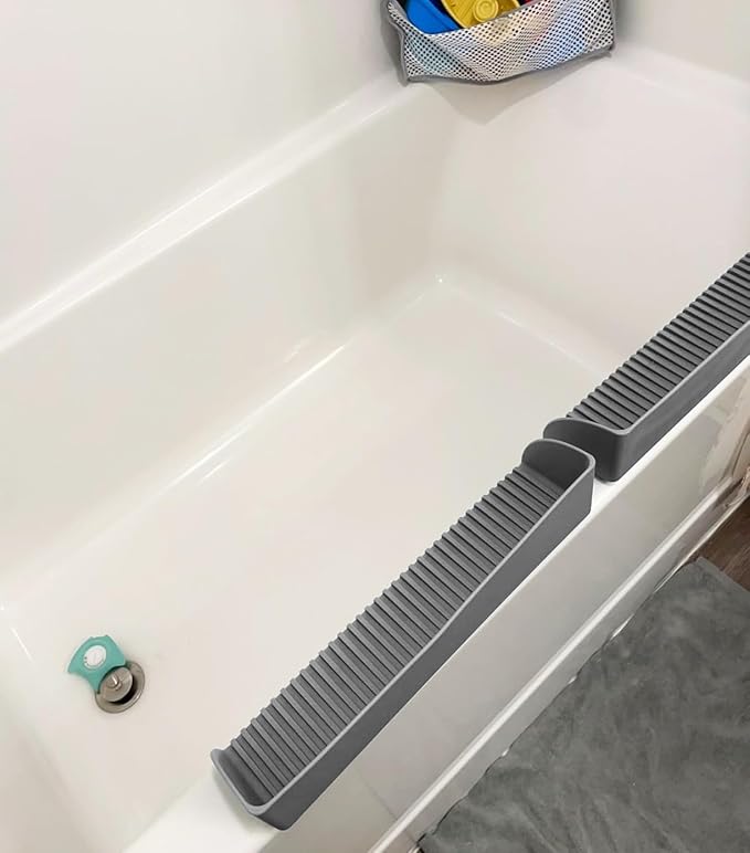 Roslim Splash Guard for Bathtub & Sink - Silicone Bath Splash Guard Shelf, Bath Toy Tray Holder, Tub Water Splash Guard with 4 Suction Cups, 1Pack, Grey