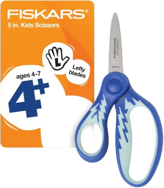 Fiskars 5" Softgrip Left-Handed Pointed-Tip Scissors for Kids Ages 4-7, Left-Handed Scissors for School or Crafting, Back to School Supplies, Blue Lightning