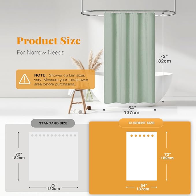 BTTN Stall Fabric Shower Curtain - 54x72 Inch Long Linen Textured Heavy Duty Shower Curtain Set with 10 Plastic Hooks, Hotel Spa Weighted Waterproof Neutral Bath Curtains for Bathroom - Sage Green