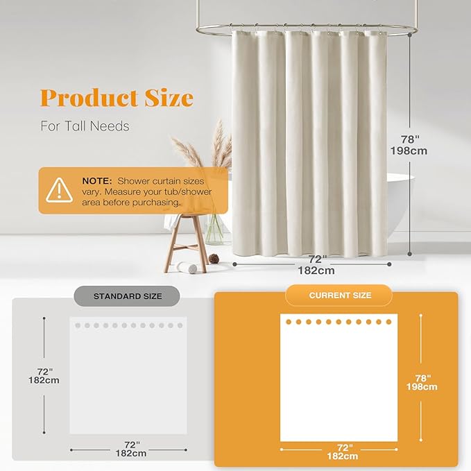 BTTN 78 Inch Long Shower Curtain, Linen Textured Thick Weighted Fabric Shower Curtain Set with 12 Plastic Hook, Neutral Waterproof Polyester Bath Curtains for Bathroom and Bathtubs, 72x78, Light Cream