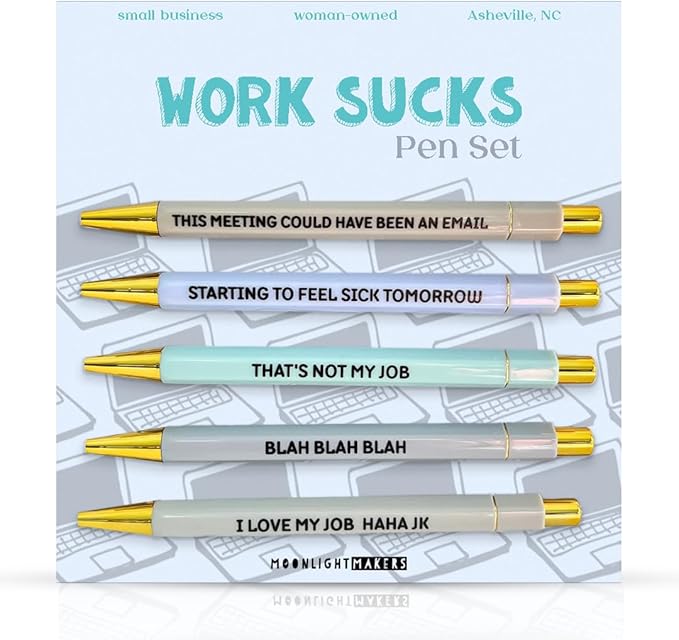 Moonlight Makers Funny Pens and Notepad Stationery Set - Set of 5 Work Sucks Engraved Ballpoint Pens with Black Ink, Fires To Put Out Notepad, Cute Desk Supplies & Funny Work Gifts for Women